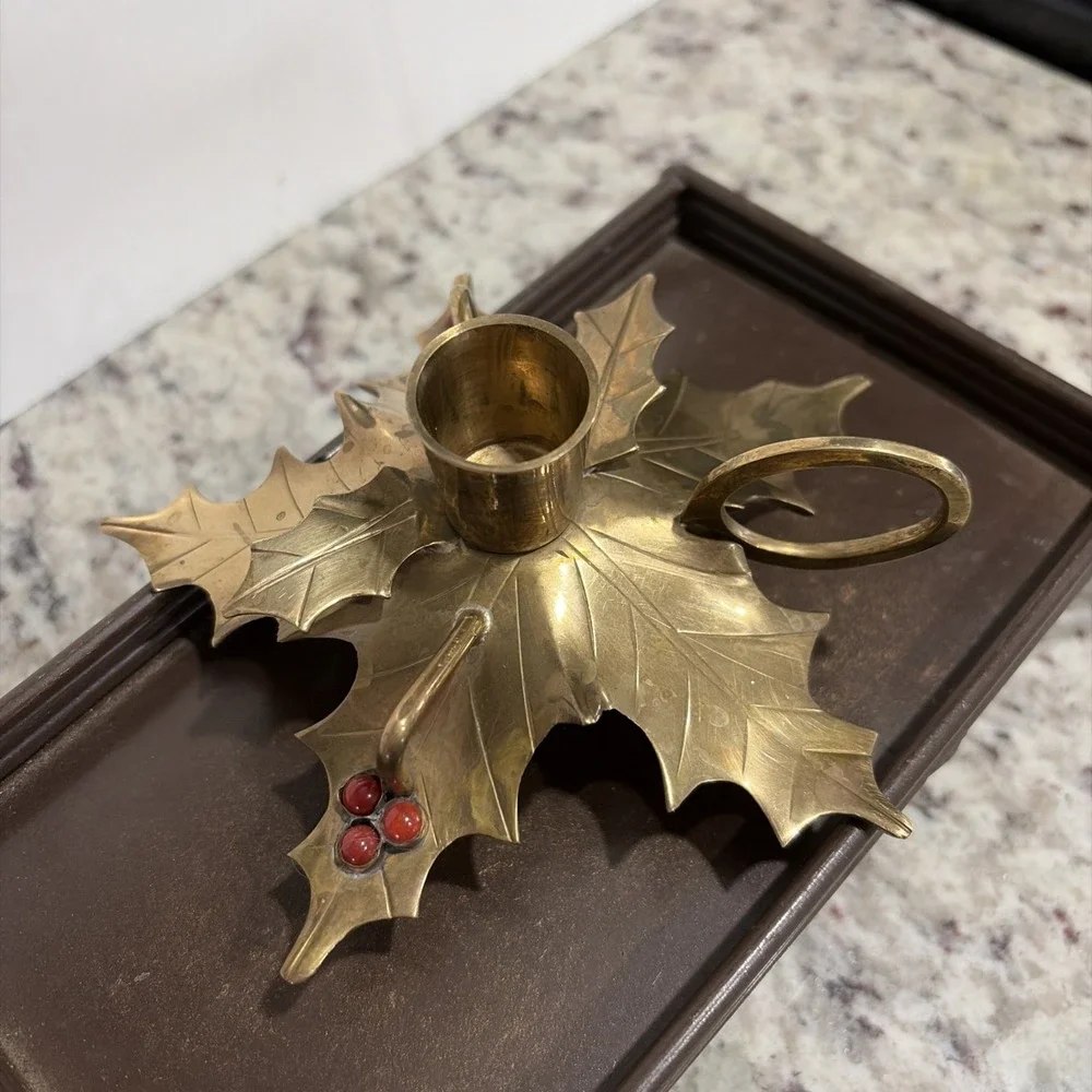 Vintage Brass Holly Leaf Chamber Candlestick Holder Red Berry Christmas India